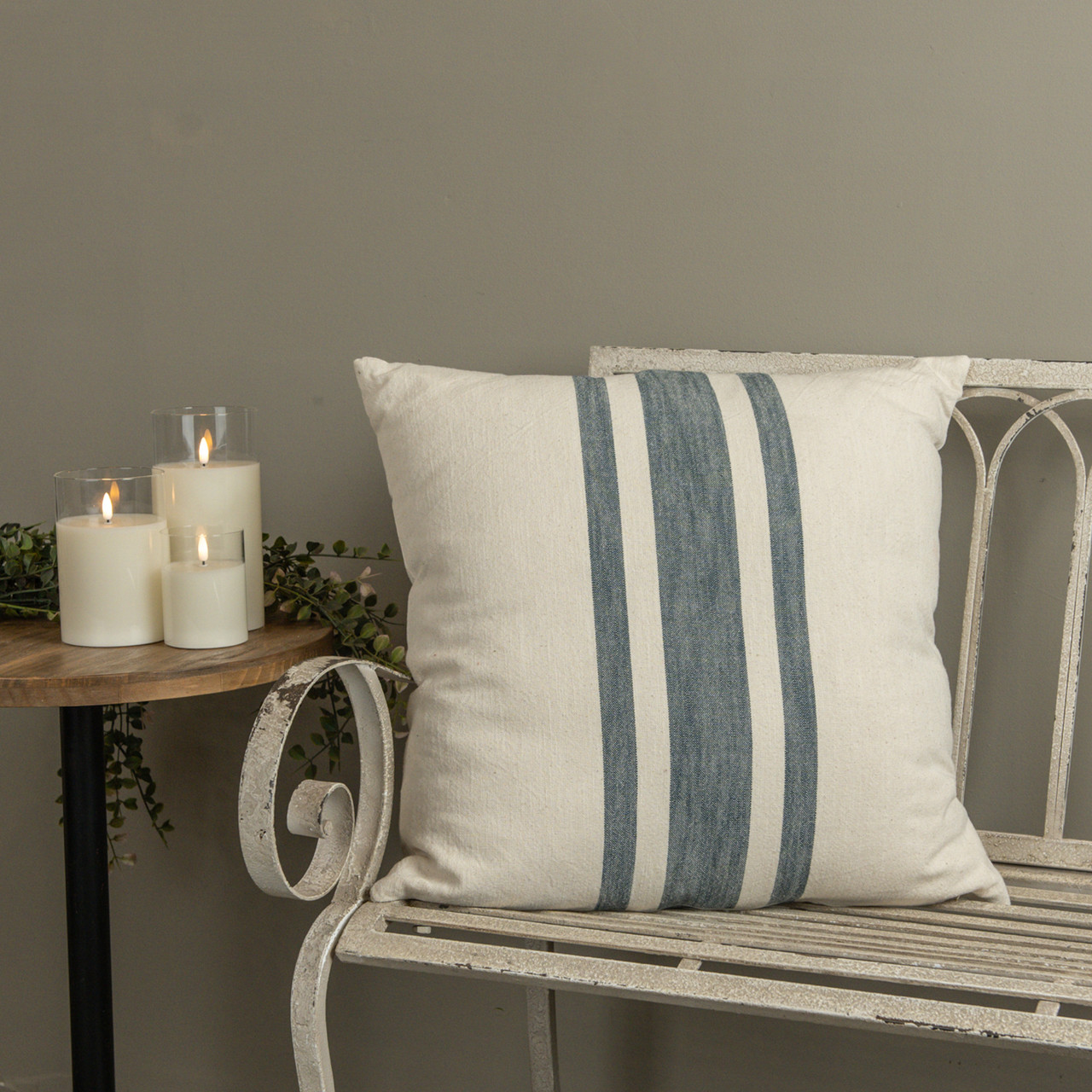 22" CREAM PILLOW W/ BLUE STRIPE