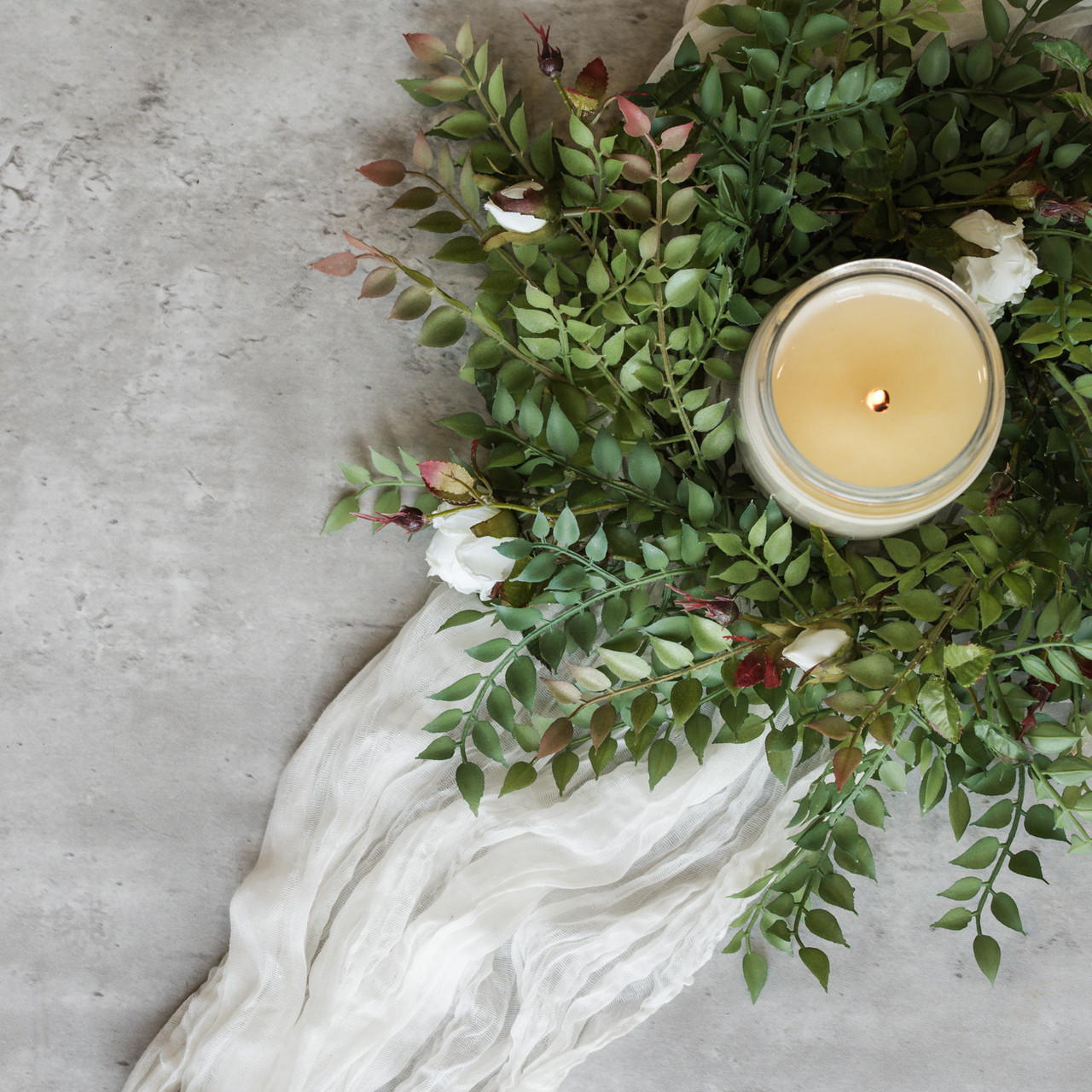 14" WHITE ROSE & SMILAX CANDLE RING