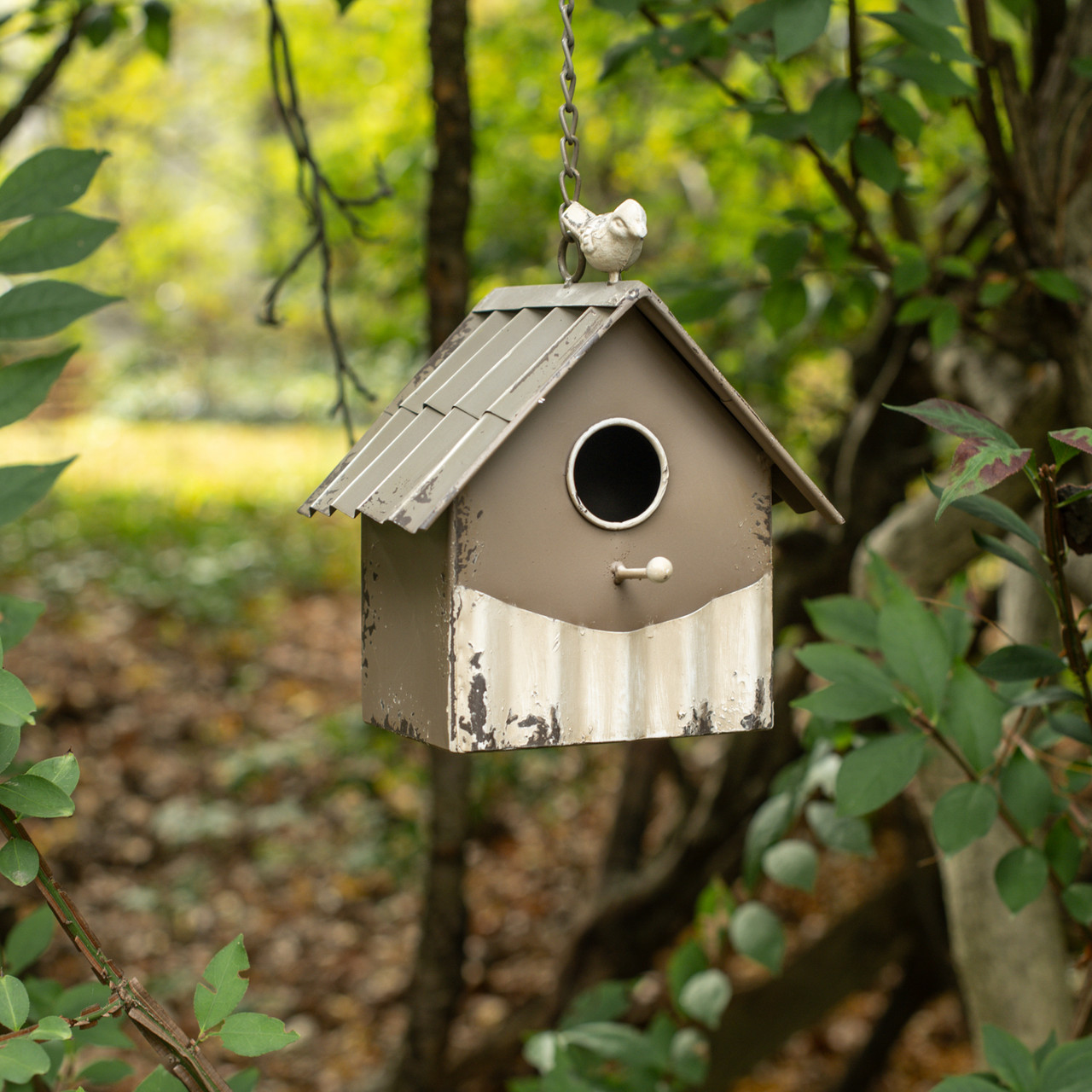 CREAM & TAN BIRDHOUSE W/ BIRD