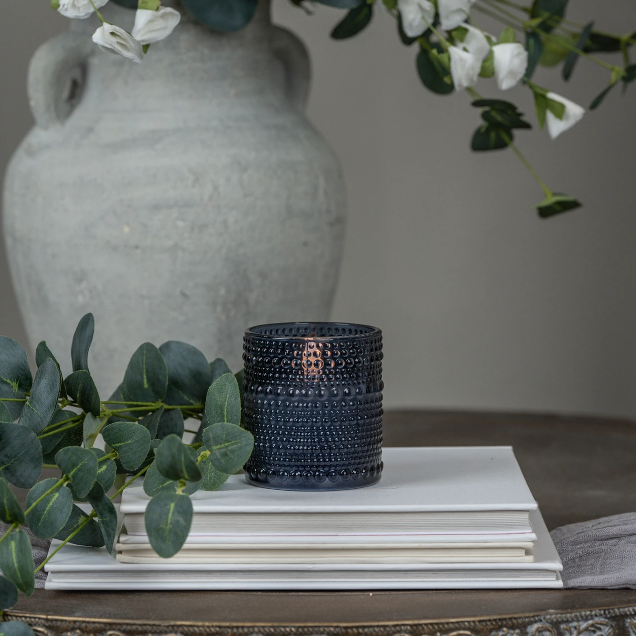 3.25" NAVY DOTTED GLASS 3D FLAME CANDLE