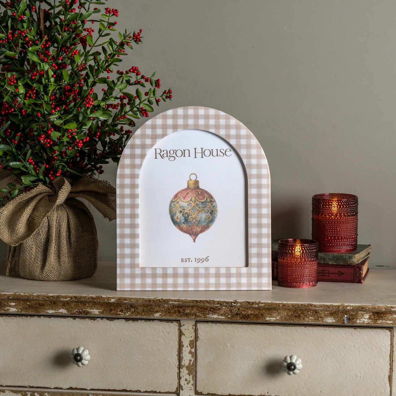 8" X 10" ARCHED BEIGE GINGHAM PHOTO FRAME