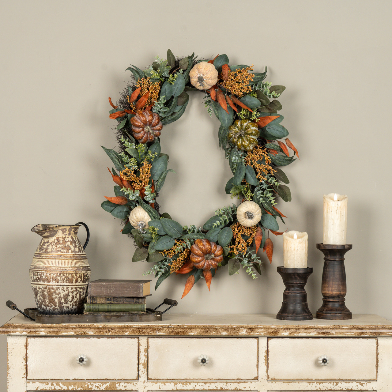 30" PUMPKIN & EUCALYPTUS OVAL WREATH