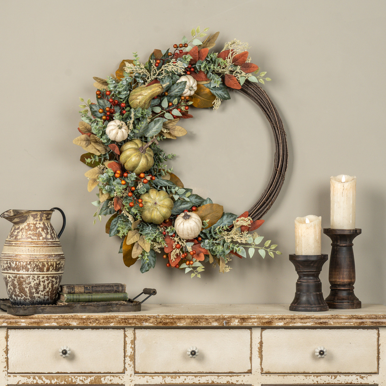 32" PUMPKIN, EUCALYPTUS & BERRIES TWIG WREATH