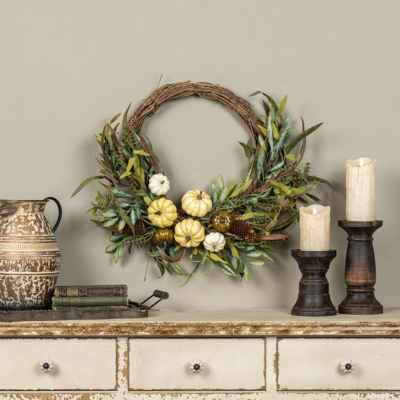 28" CREAM PUMPKIN & FOLIAGE WREATH