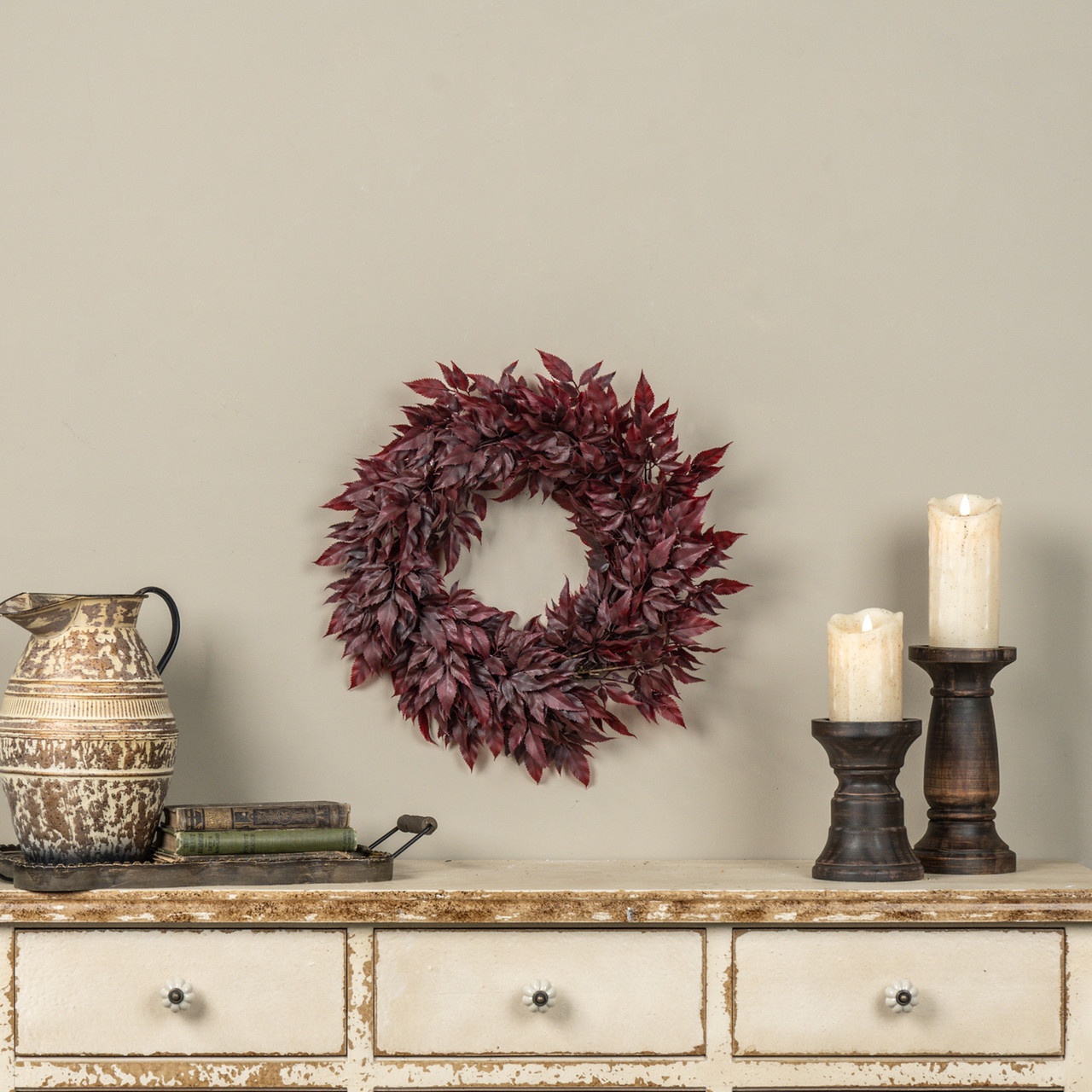 18" BURGUNDY SPIKENARD LEAF WREATH