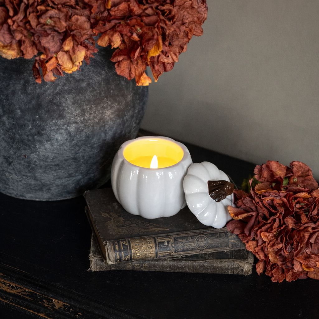 4" WHITE CERAMIC PUMPKIN CANDLE