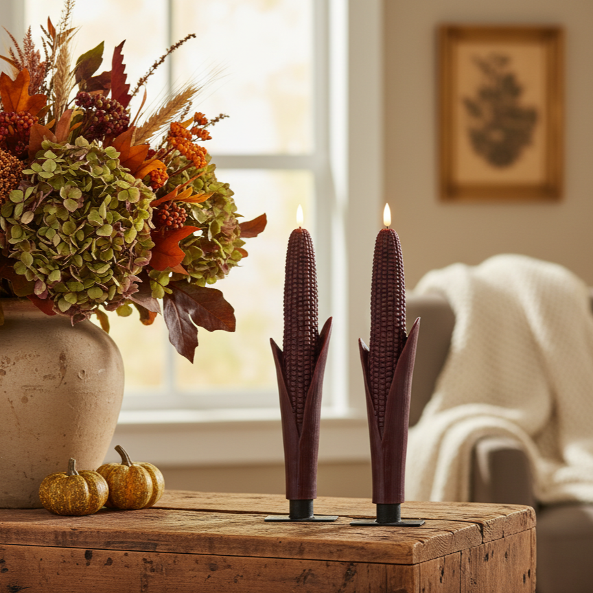 SET/2 - 12" 3D FLAME BURGUNDY CORN TAPER CANDLES