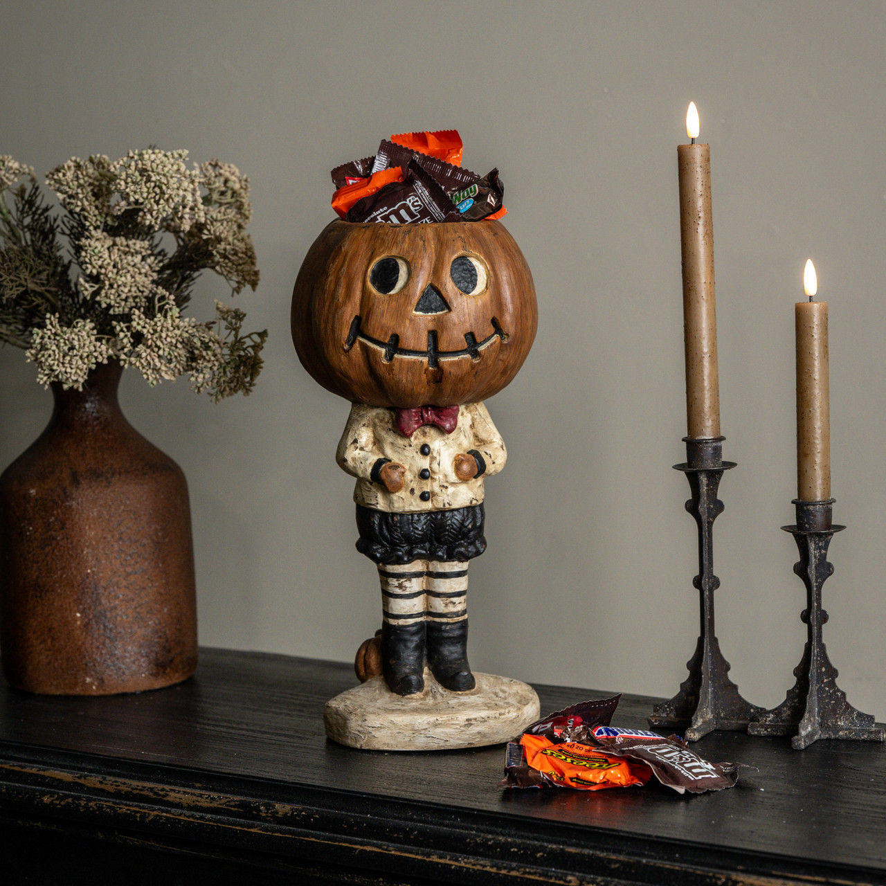 PUMPKIN BOY W/ STRIPED LEGGINGS CANDY DISH