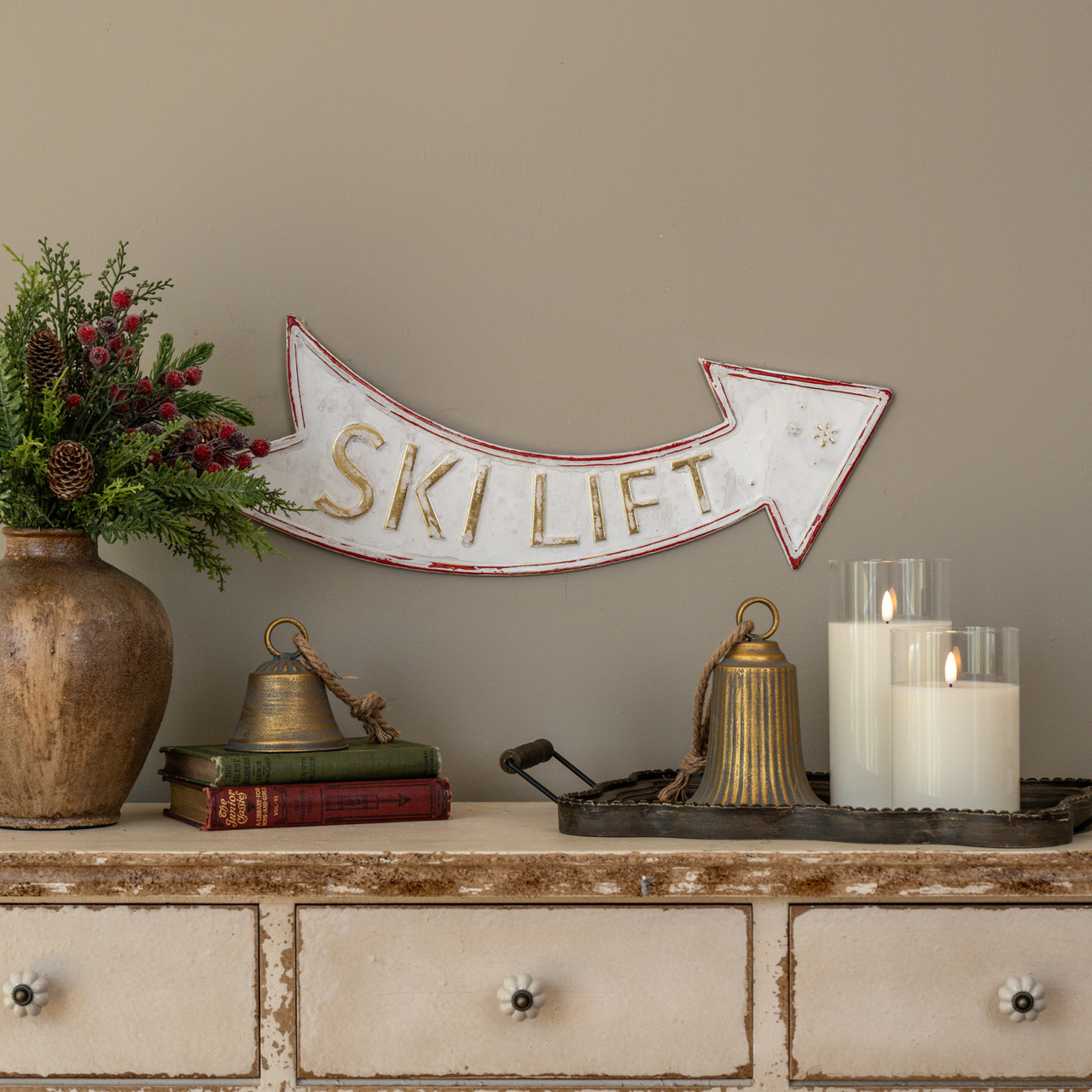 GOLD & WHITE SKI LIFT METAL SIGN