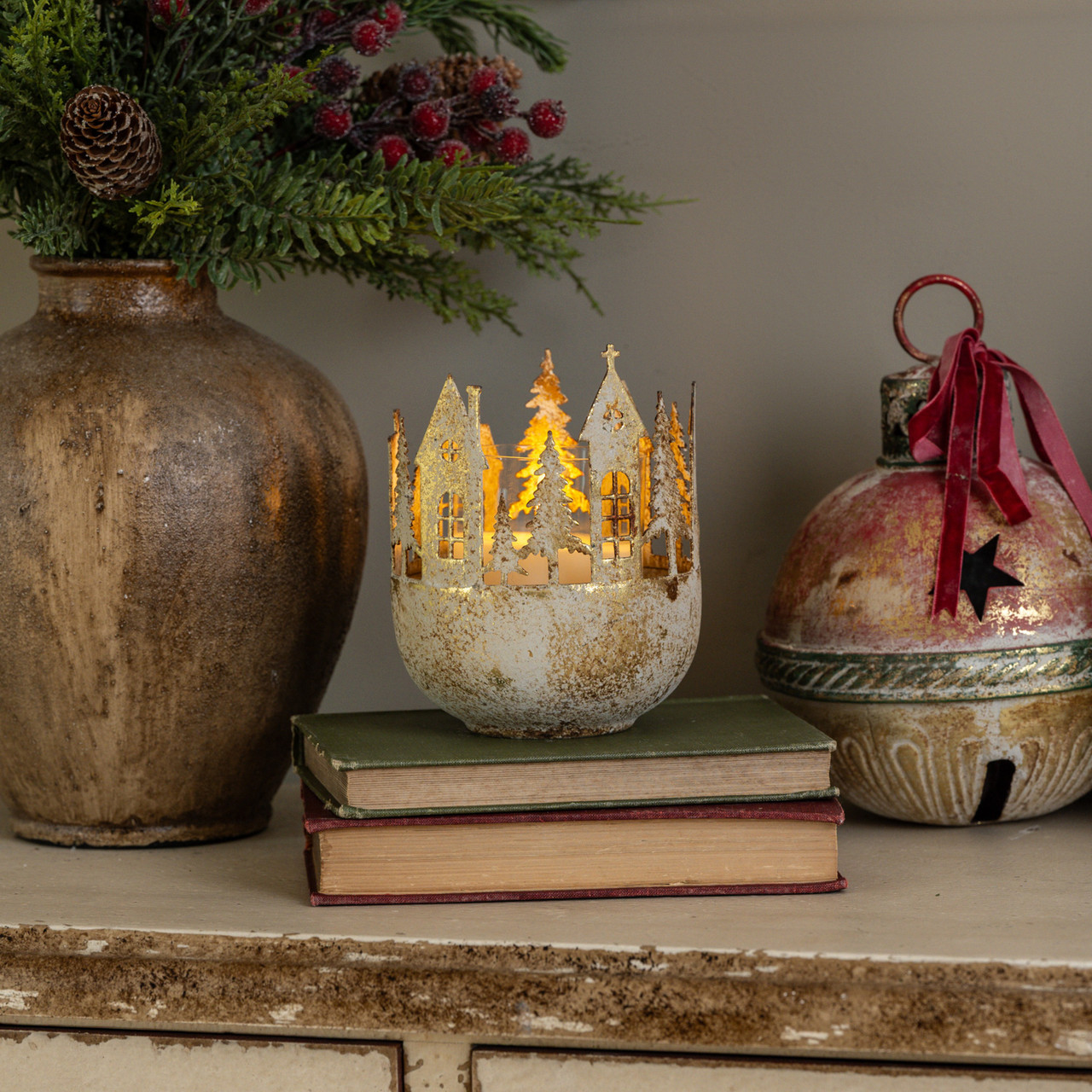 GOLD CHRISTMAS VILLAGE PILLAR CANDLE HOLDER