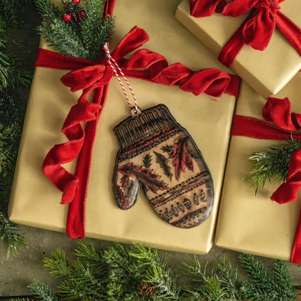 6.5" VINTAGE MITTEN METAL ORNAMENT