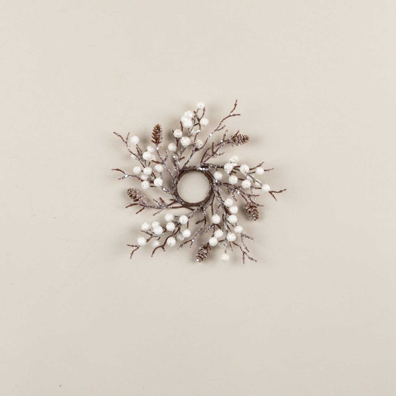 8" FROSTED TWIG & PINECONE W/ WHITE BERRIES TAPER CANDLE RING