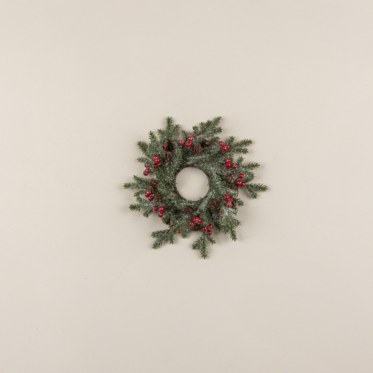 10" FROSTED PINE, RED BERRIES & PINECONE CANDLE RING