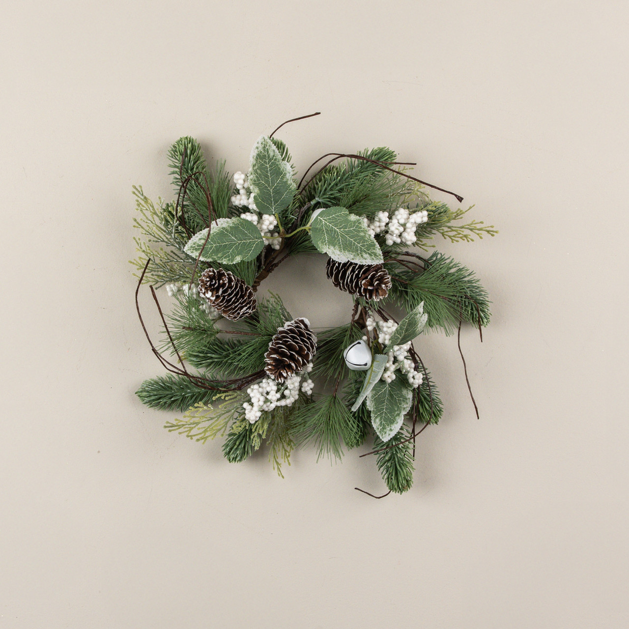 14" PINE W/ WHITE BERRIES & BELLS CANDLE RING