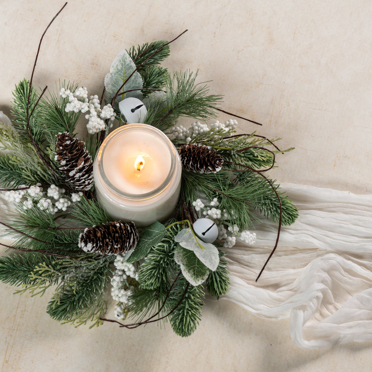 14" PINE W/ WHITE BERRIES & BELLS CANDLE RING