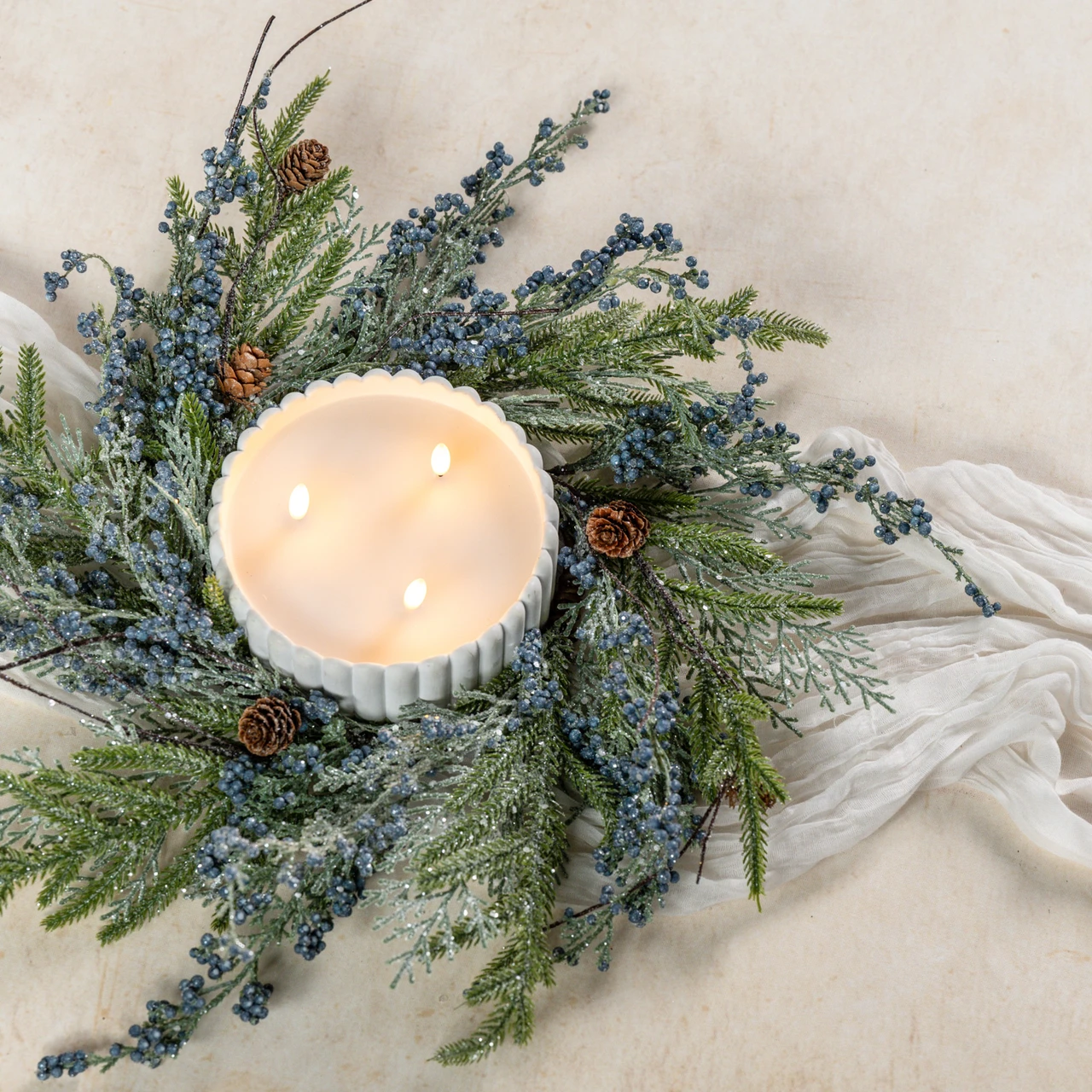 18" GLITTERED CEDAR W/ BERRIES & PINECONE CANDLE RING