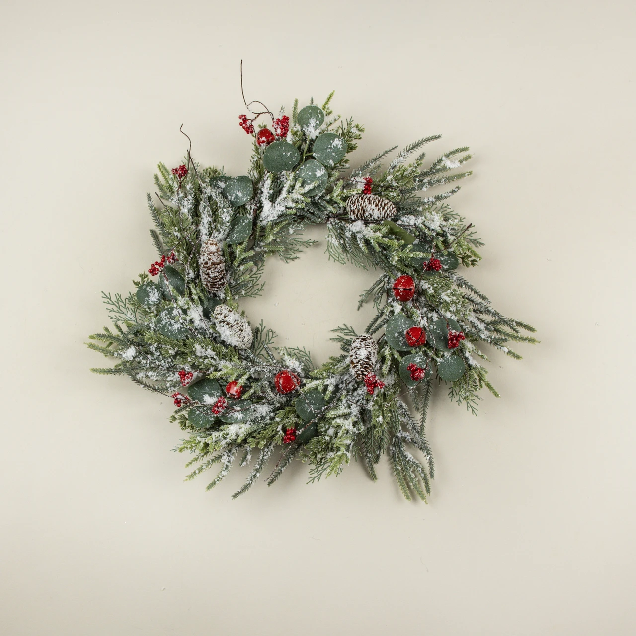 24" SNOWY PINE & CEDAR W/ BELLS & BERRIES WREATH