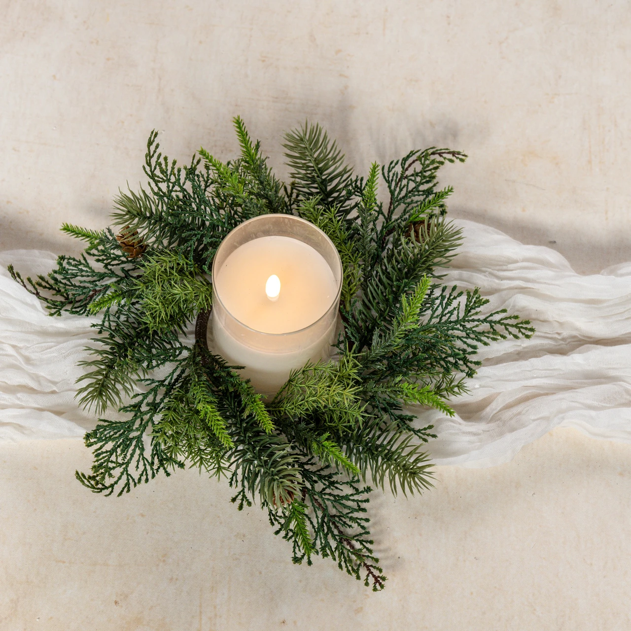 10.25" ASPARAGUS FERN, SPRUCE & PINE CANDLE RING