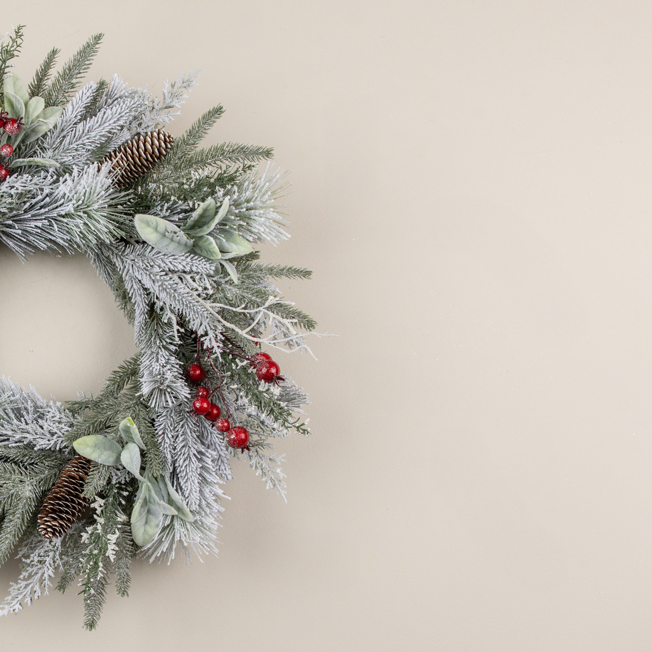24" SNOW COVERED PINE, LAMB'S EAR & RED BERRY WREATH