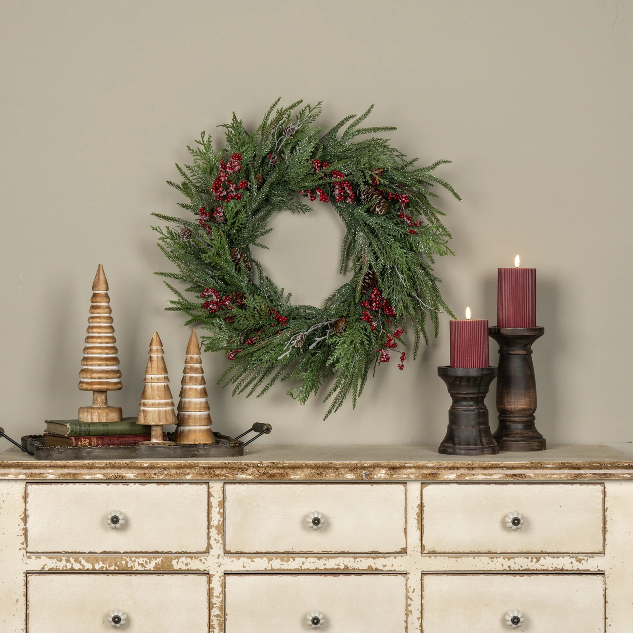 24" CEDAR, PINE & RED BERRIES WREATH