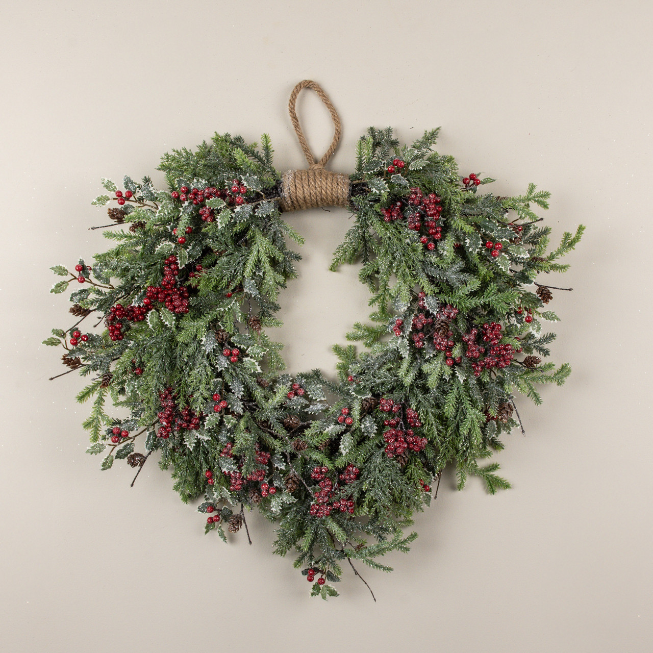 24" GLITTERED PINE, CYPRESS & HOLLY HANGING WREATH