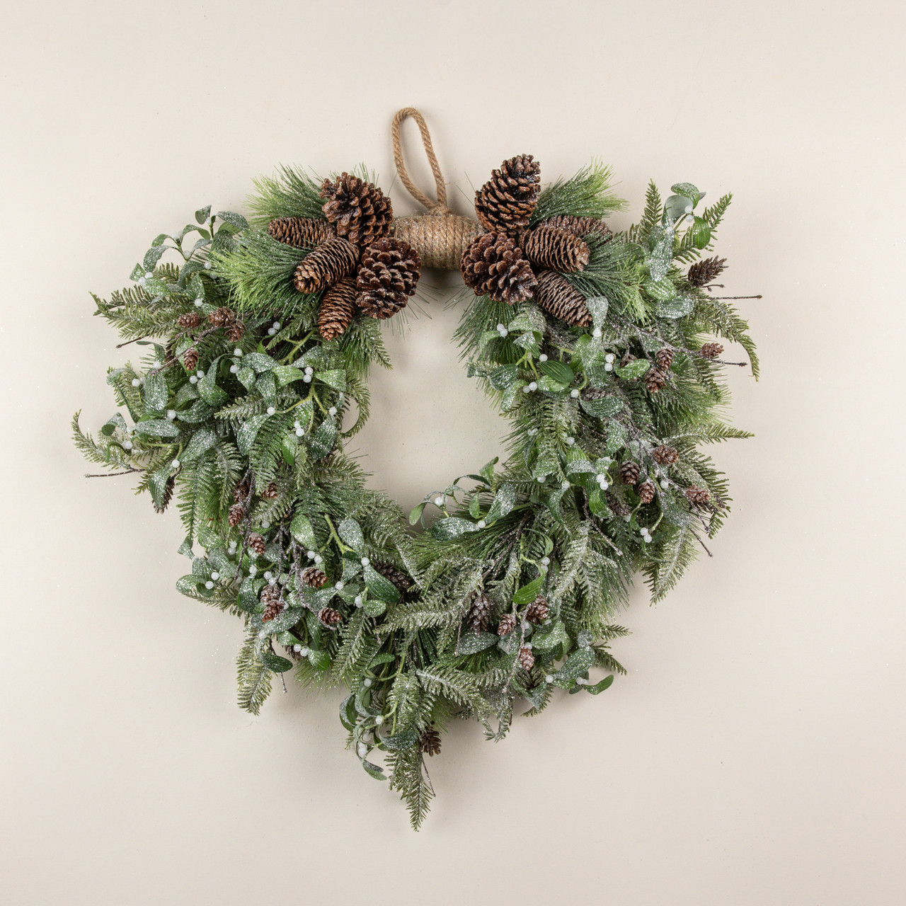 28" FROSTED PINE, HEMLOCK & MISTLETOE HANGING WREATH