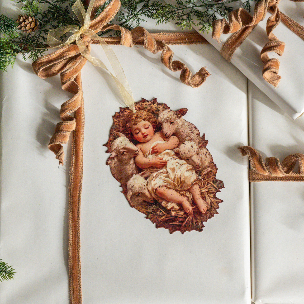 6.5" BABY JESUS W/ LAMBS METAL ORNAMENT