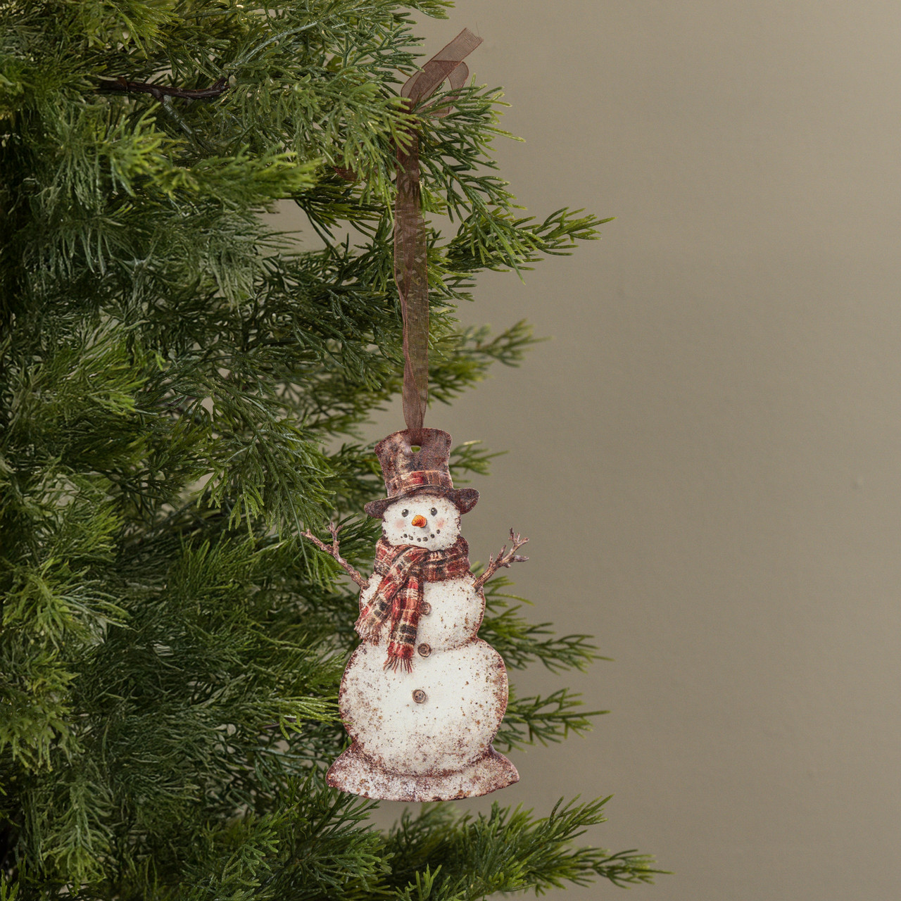 6" PLAID SNOWMAN METAL ORNAMENT