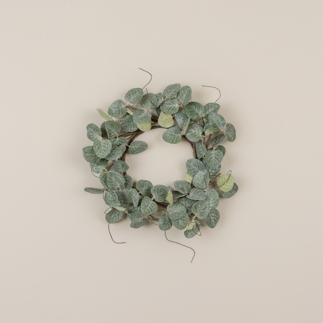 14" GLITTERED EUCALYPTUS & TWIG CANDLE RING