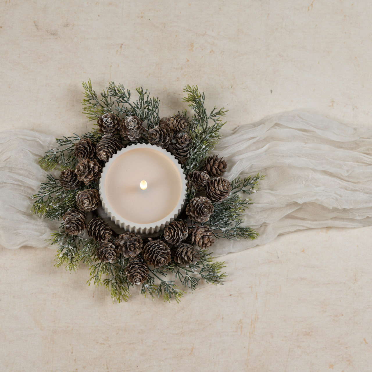 9.75" SNOW DUSTED PINE W/ PINECONES CANDLE RING