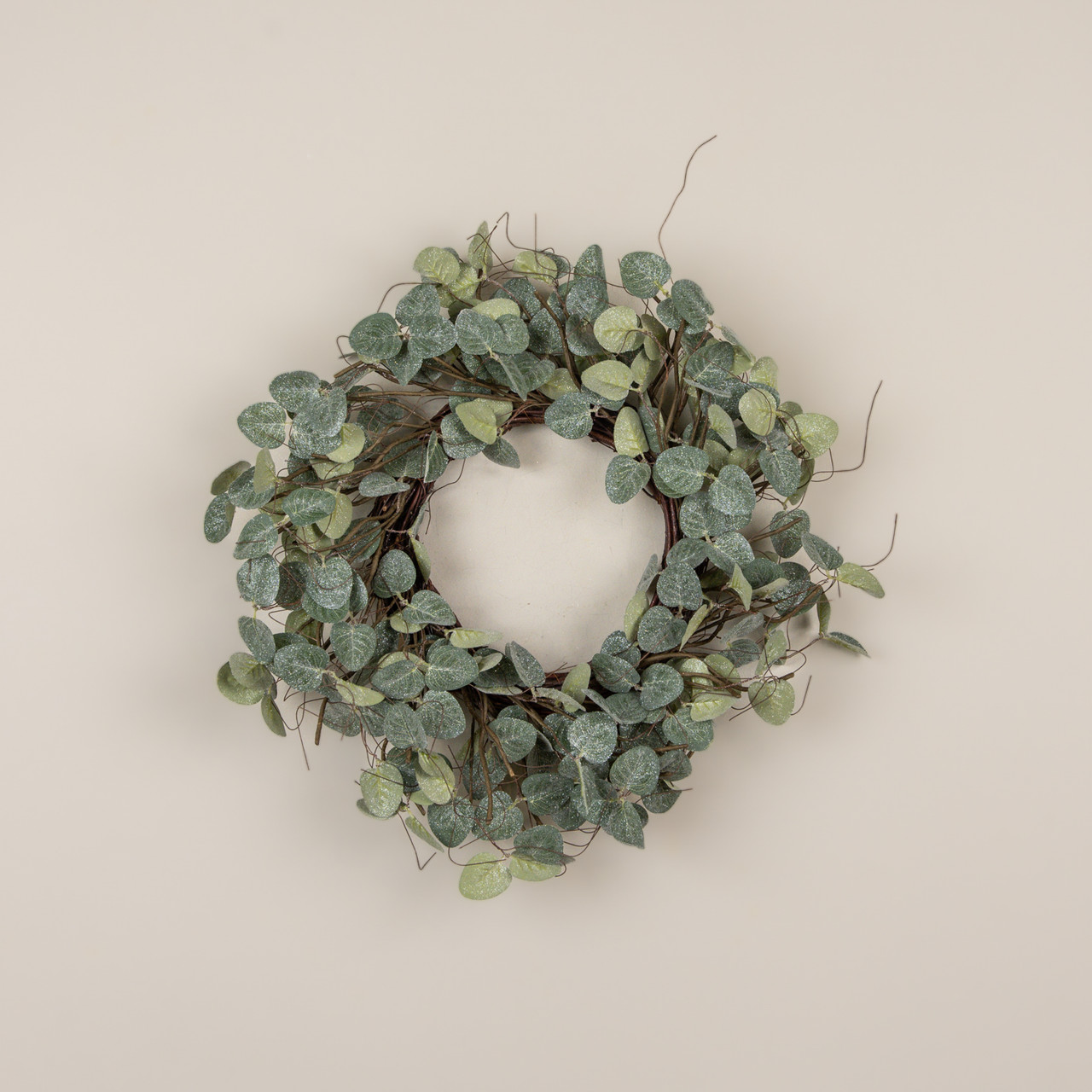 20" GLITTERED EUCALYPTUS & TWIG WREATH