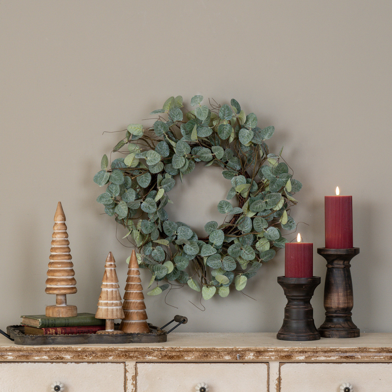 20" GLITTERED EUCALYPTUS & TWIG WREATH