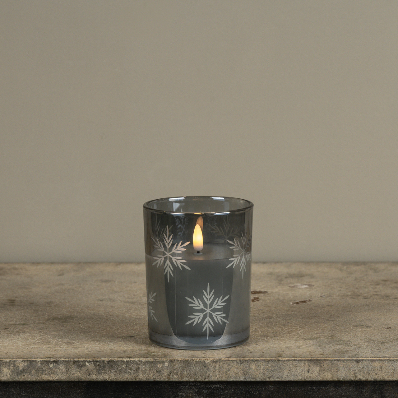 5" CHARCOAL THICK GLASS W/ SNOWFLAKES 3D FLAME CANDLE