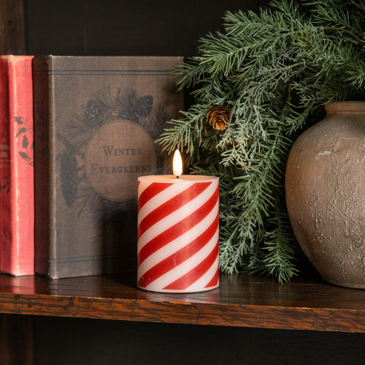 4" CANDY CANE 3D FLAME PILLAR CANDLE