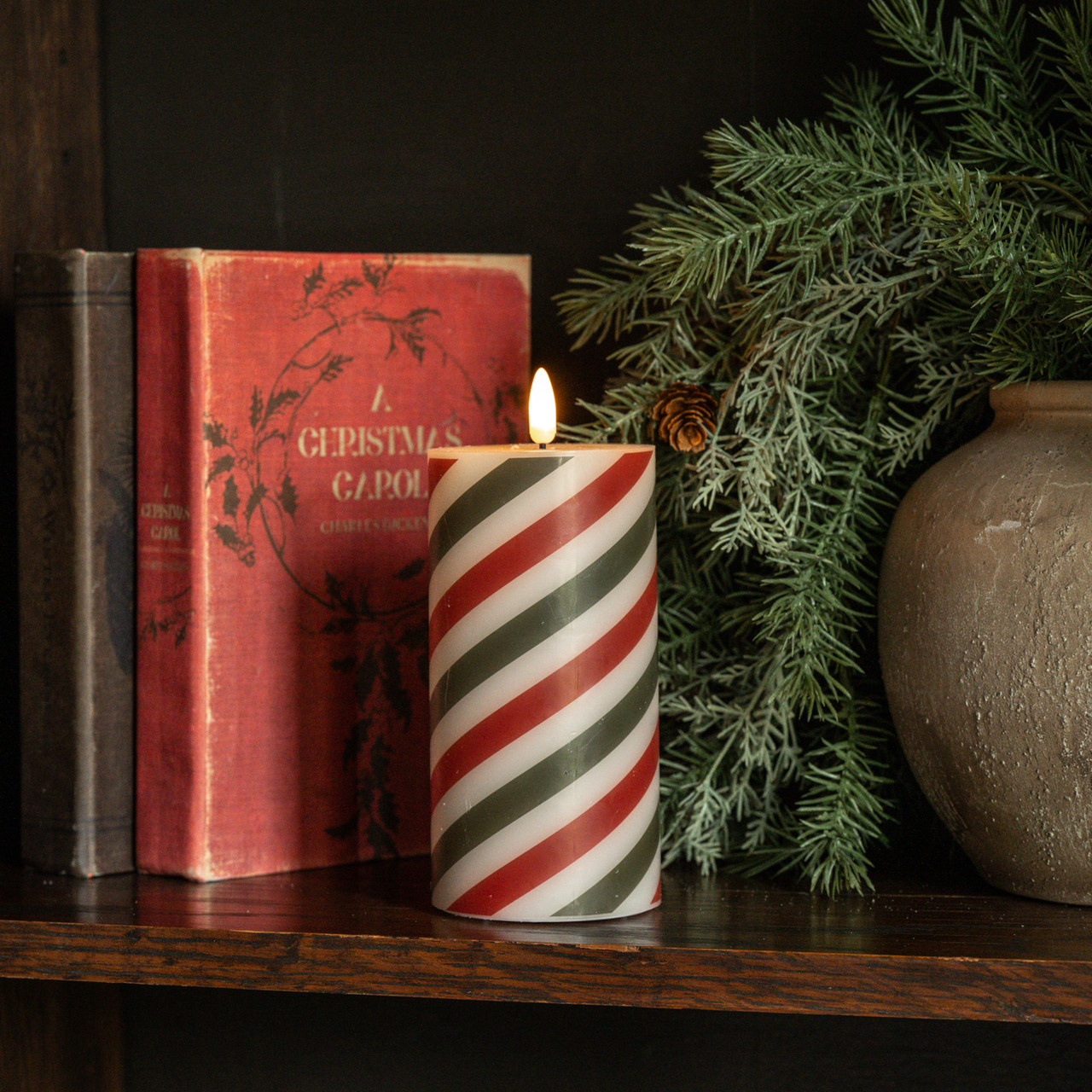 6" RED & GREEN CANDY CANE 3D FLAME PILLAR CANDLE