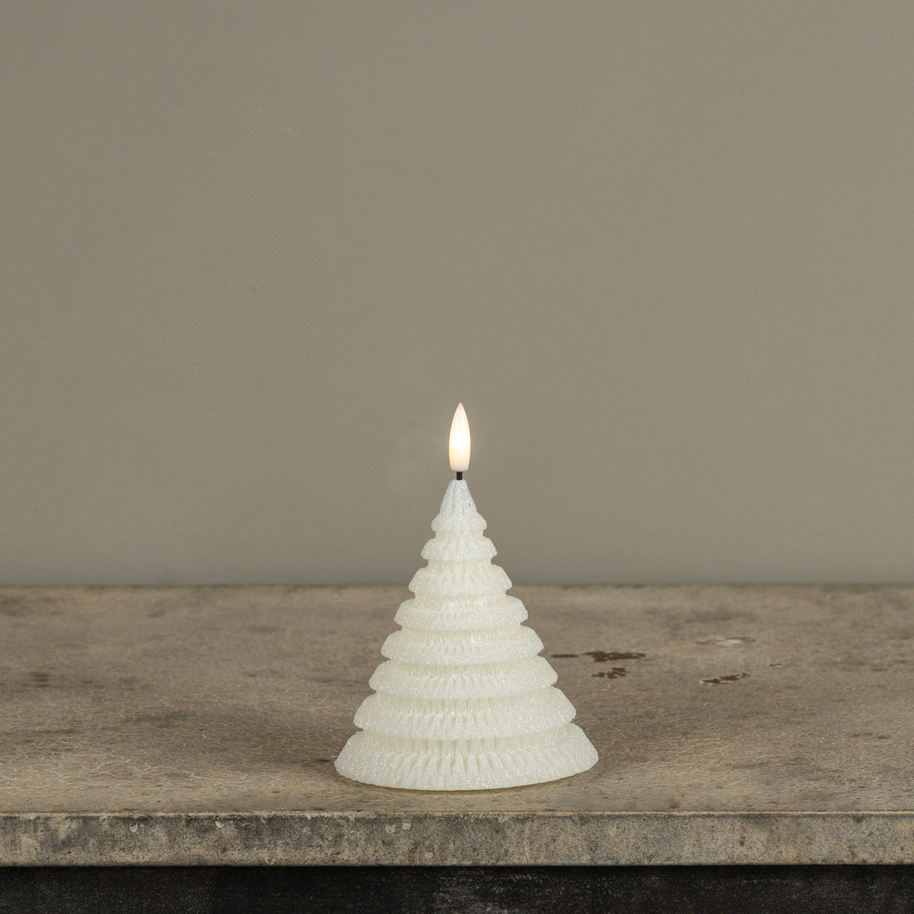 4.75" CREAM SHIMMER 3D FLAME LAYERED TREE CANDLE