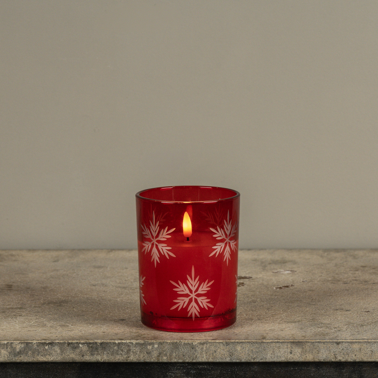 5" RED THICK GLASS W/ SNOWFLAKES 3D FLAME CANDLE