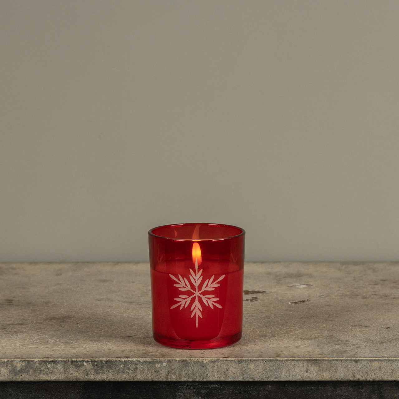 4" RED THICK GLASS W/ SNOWFLAKES 3D FLAME CANDLE