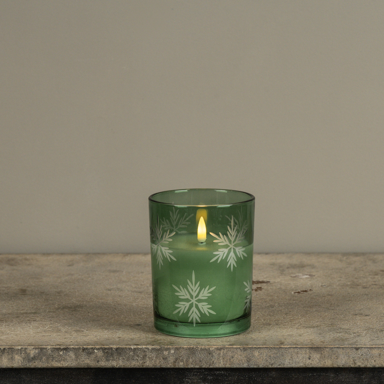 5" GREEN THICK GLASS W/ SNOWFLAKES 3D FLAME CANDLE