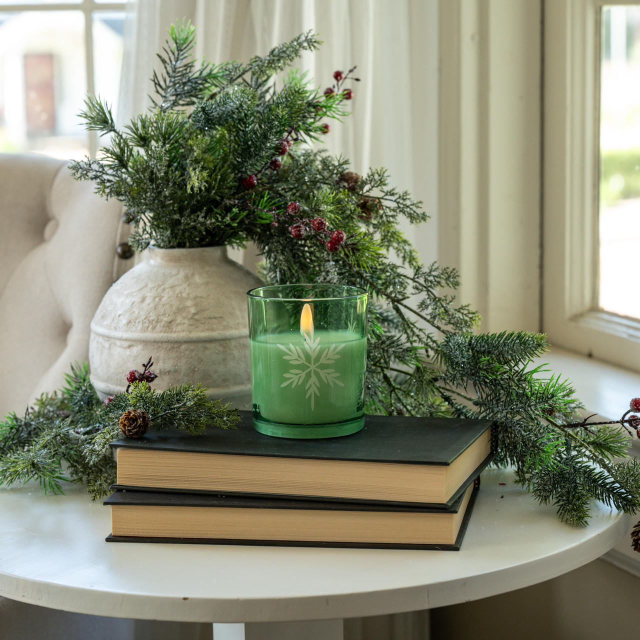 4" GREEN THICK GLASS W/ SNOWFLAKES 3D FLAME CANDLE