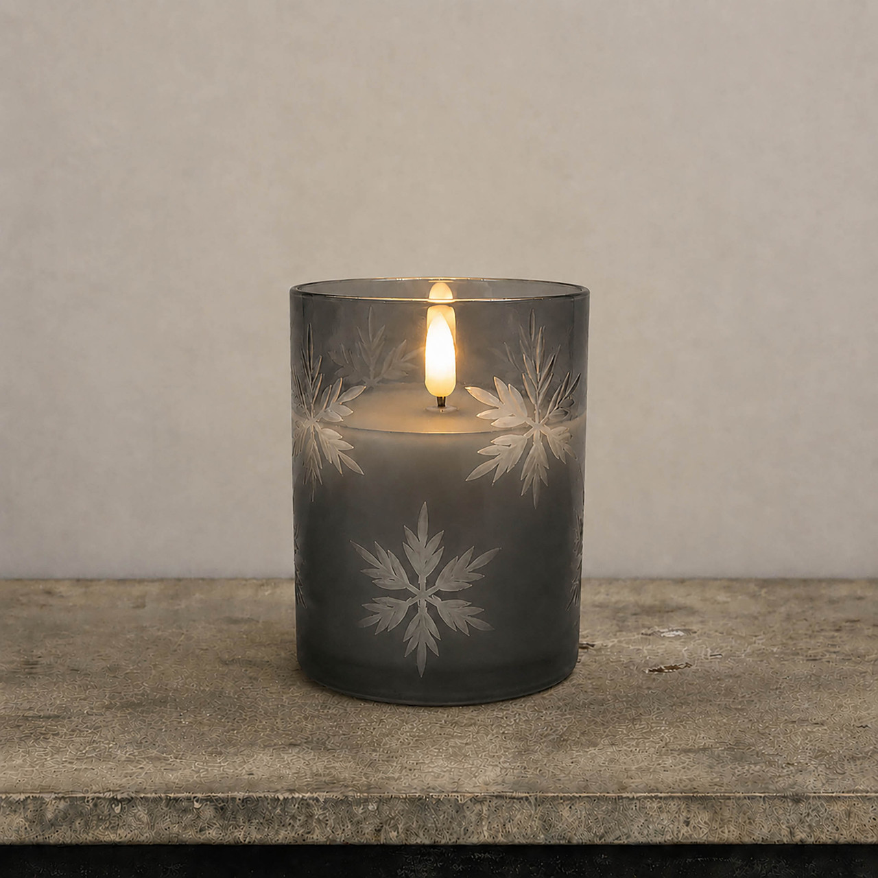 4" CHARCOAL GLASS W/ SNOWFLAKES 3D FLAME CANDLE