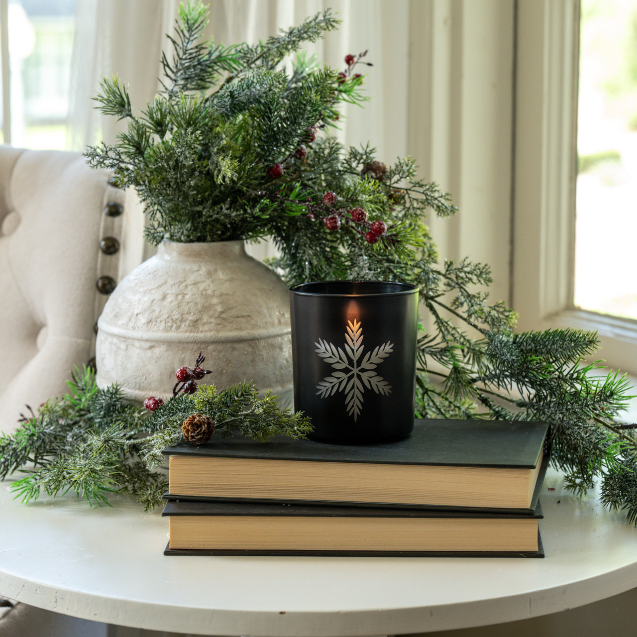 4" ETCHED SNOWFLAKE BLACK GLASS 3D FLAME CANDLE