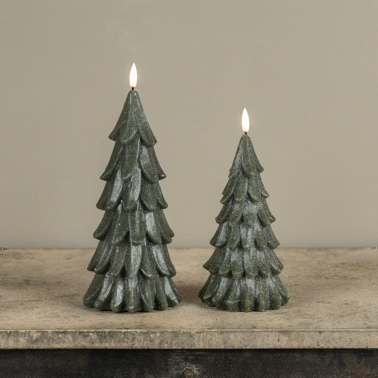 9.25" GREEN SHIMMER 3D FLAME ALABASTER PINE TREE CANDLE
