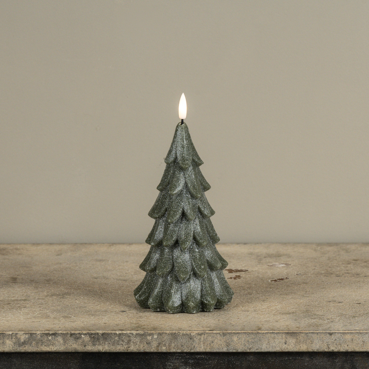 8" GREEN SHIMMER 3D FLAME ALABASTER PINE TREE CANDLE
