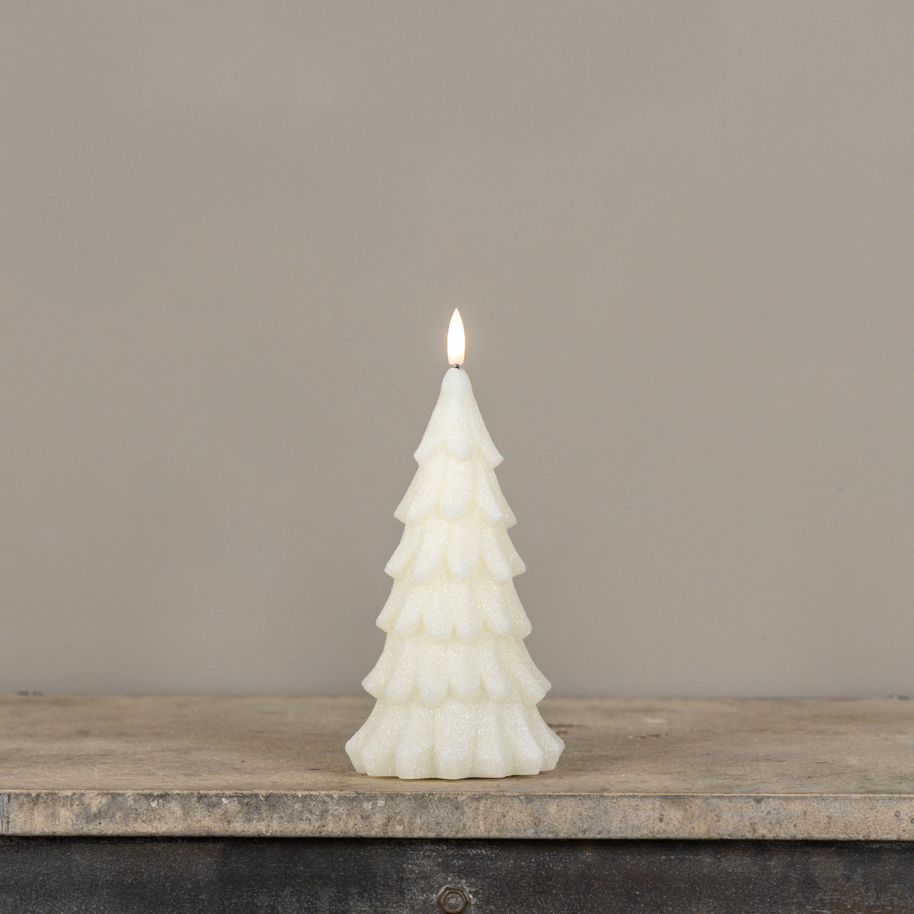 8" CREAM SHIMMER 3D FLAME ALABASTER PINE TREE CANDLE
