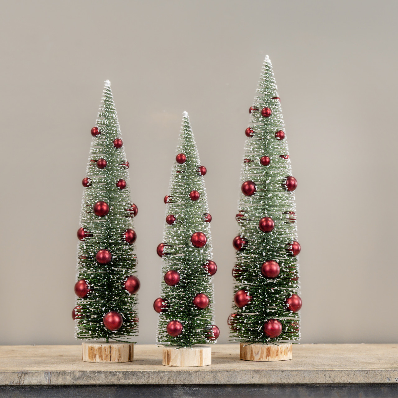 SET/3 OMBRE BOTTLEBRUSH TREES W/ RED ORNAMENTS
