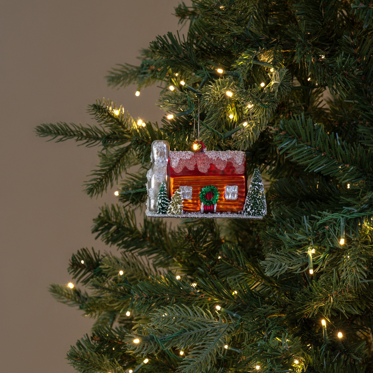 LOG CABIN ORNAMENT W/ RED ROOF