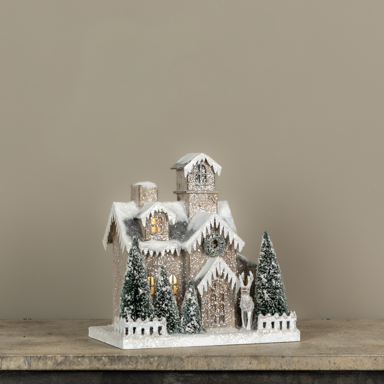 LIGHTED SNOW COVERED HOUSE W/ ARCHED WINDOWS