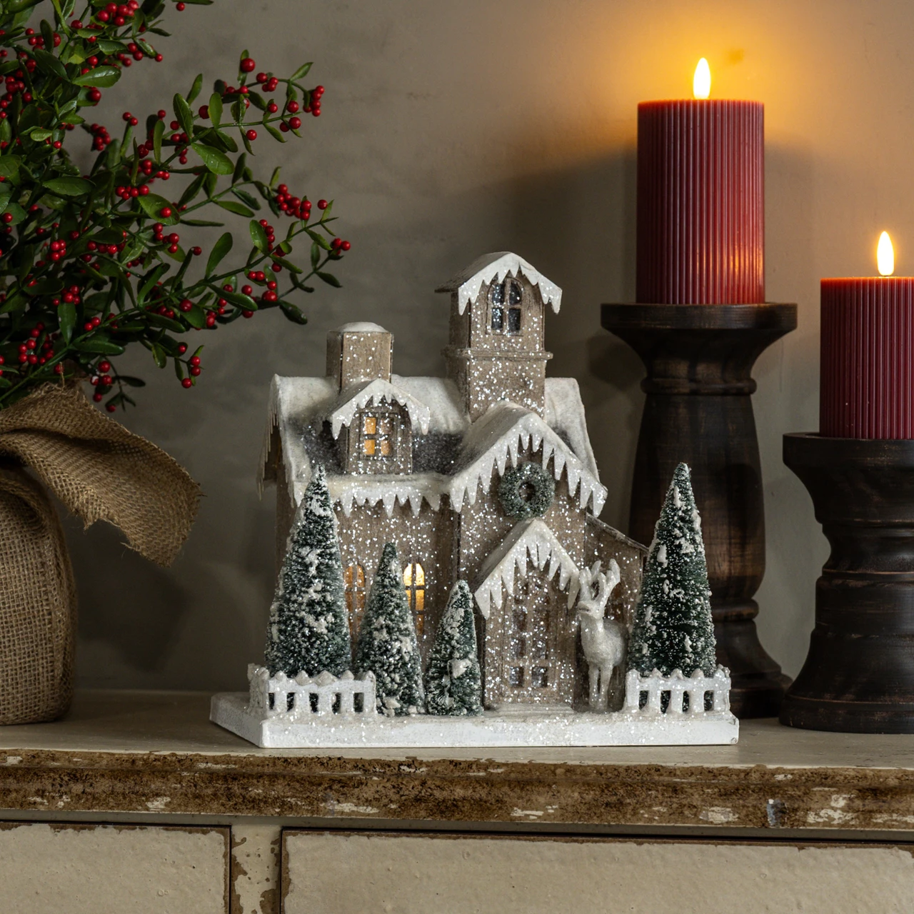 LIGHTED SNOW COVERED HOUSE W/ ARCHED WINDOWS