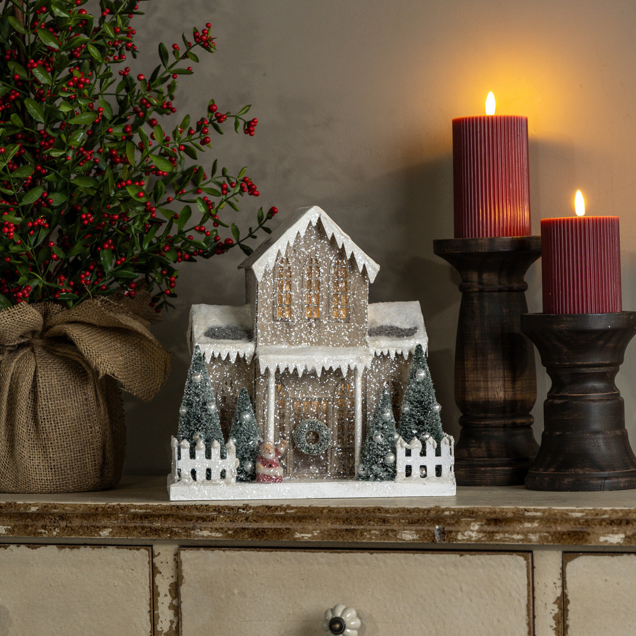 LIGHTED SNOW COVERED HOUSE W/ PORCH